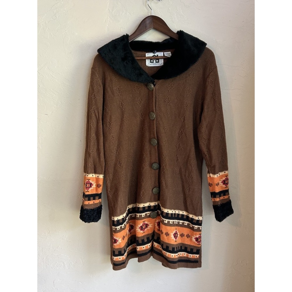 Vintage Storybook Knits Sweater Cardigan Duster M Western Faux Fur Button Up